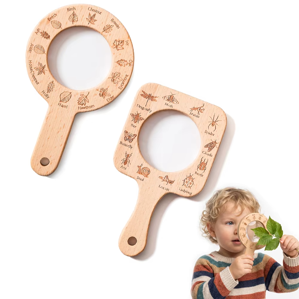 Kids Toys Learning - แว่นขยายไม้สำหรับเด็ก สำรวจธรรมชาติ แมลง และใบไม้ พื้นผิวเรียบ สำรวจกลางแจ้ง